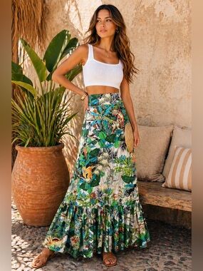 Colcci Tropical Jungle Print Maxi Skirt Ruffle Hem Brazil 100% Cotton